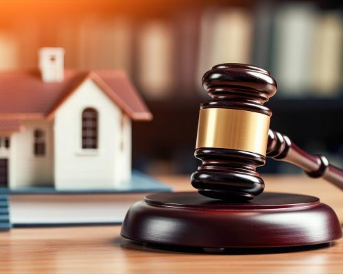 Judge auction and real estate concept. Law hammer and house mode